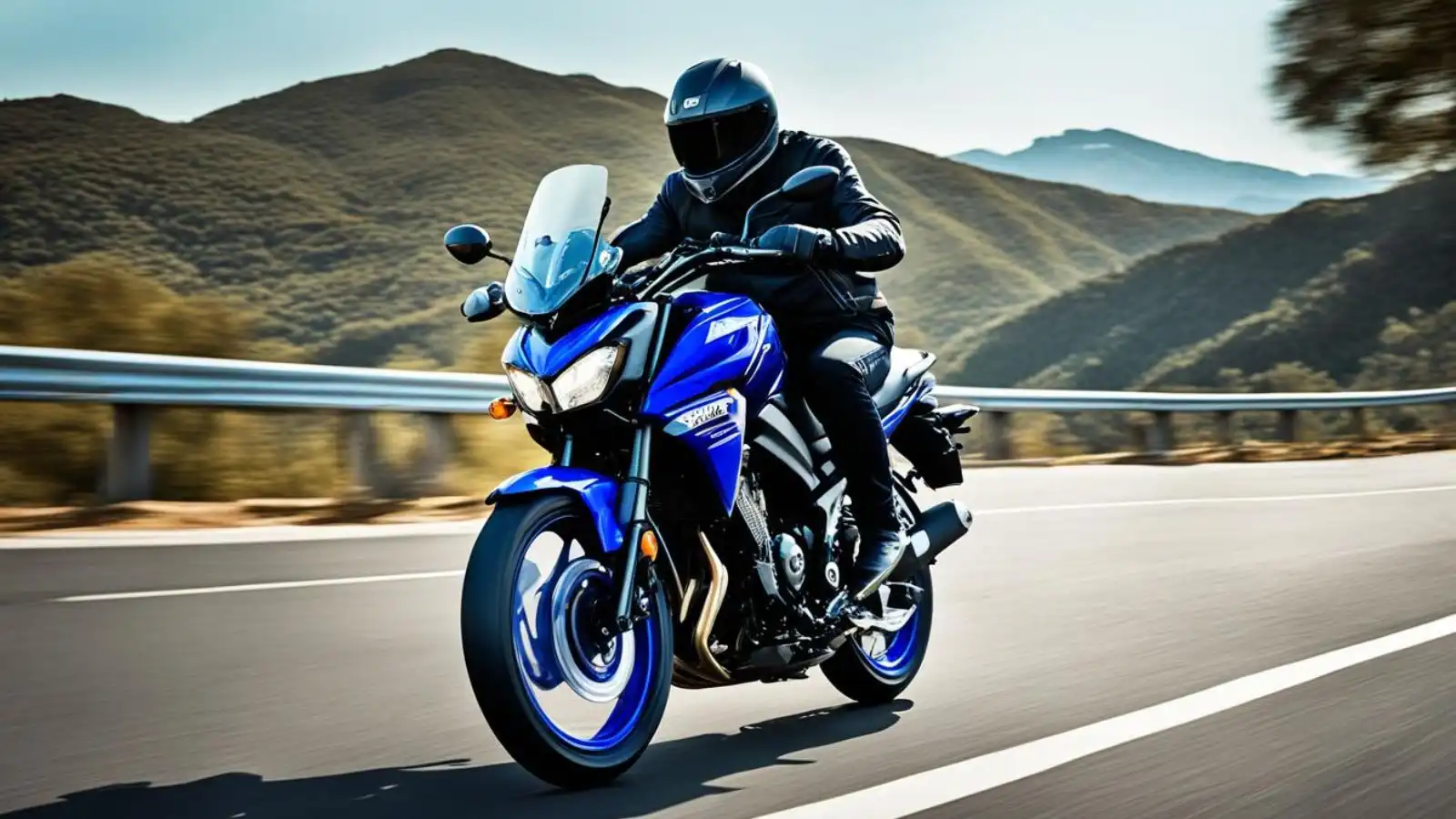 Homem pilotando uma motocicleta Yamaha FZ25 2024 azul na rodovia