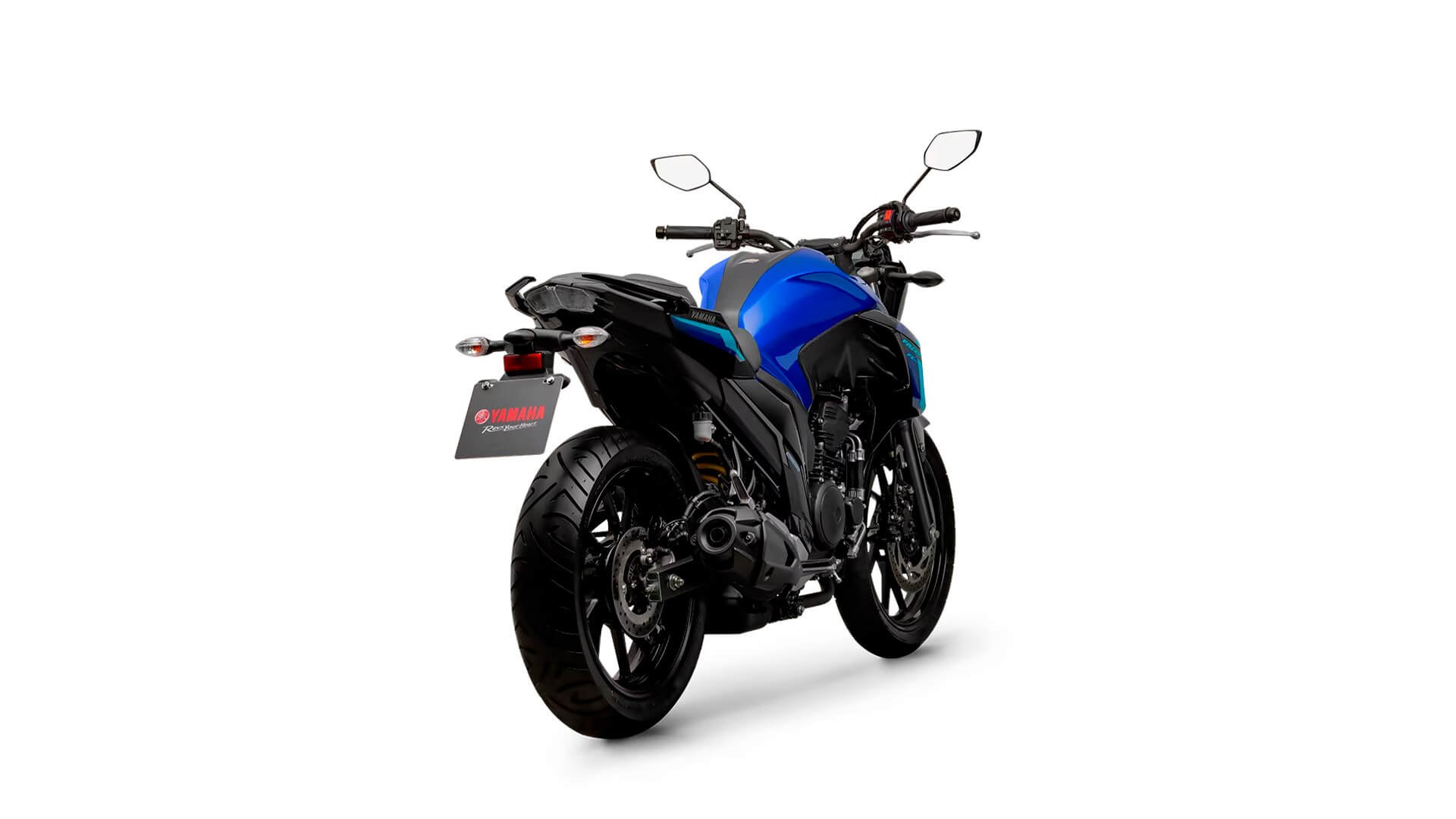 Diagonal lateral direita e traseira da motocicleta Yamaha FZ25 2024 na cor azul