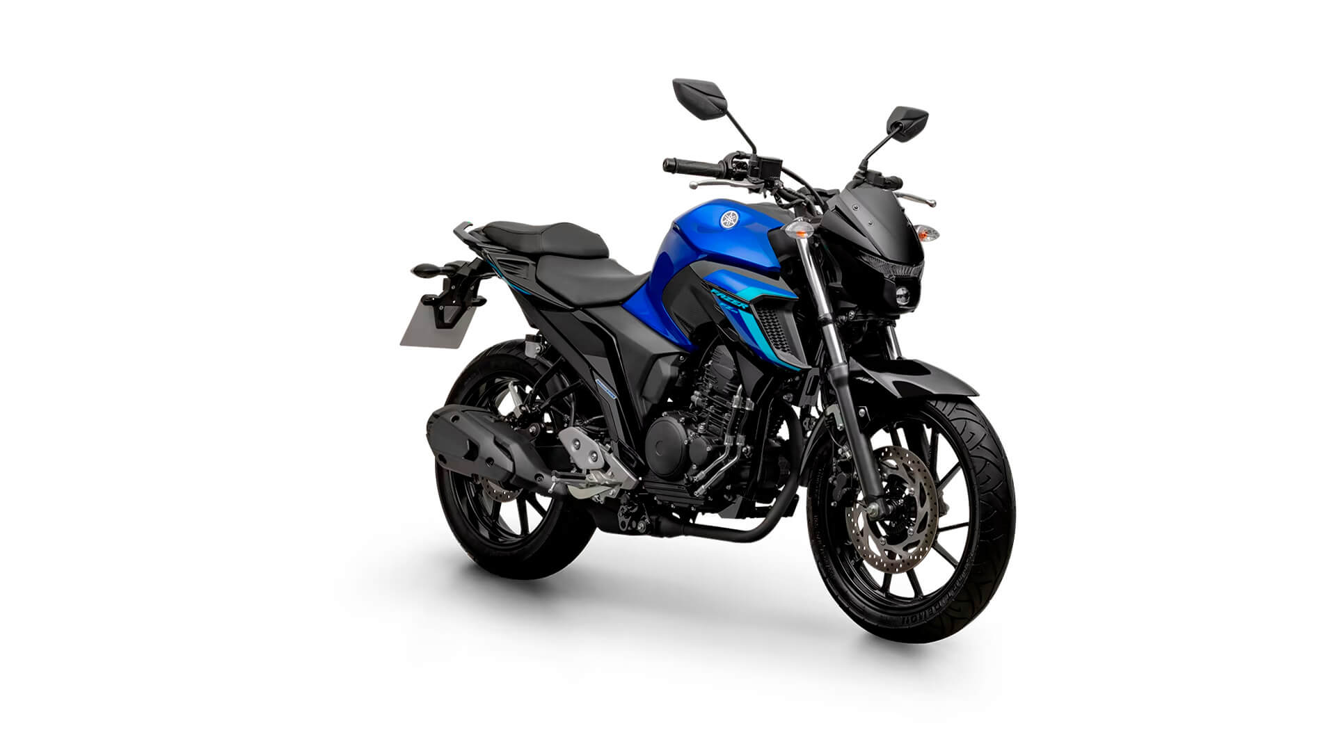 Diagonal lateral esquerda da motocicleta Yamaha FZ25 2024 na cor azul