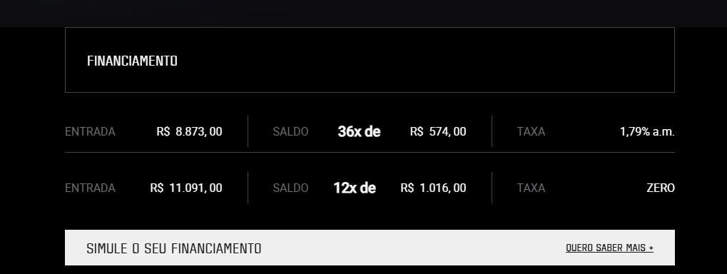 Captura de tela com simulação de financiamento da Yamaha